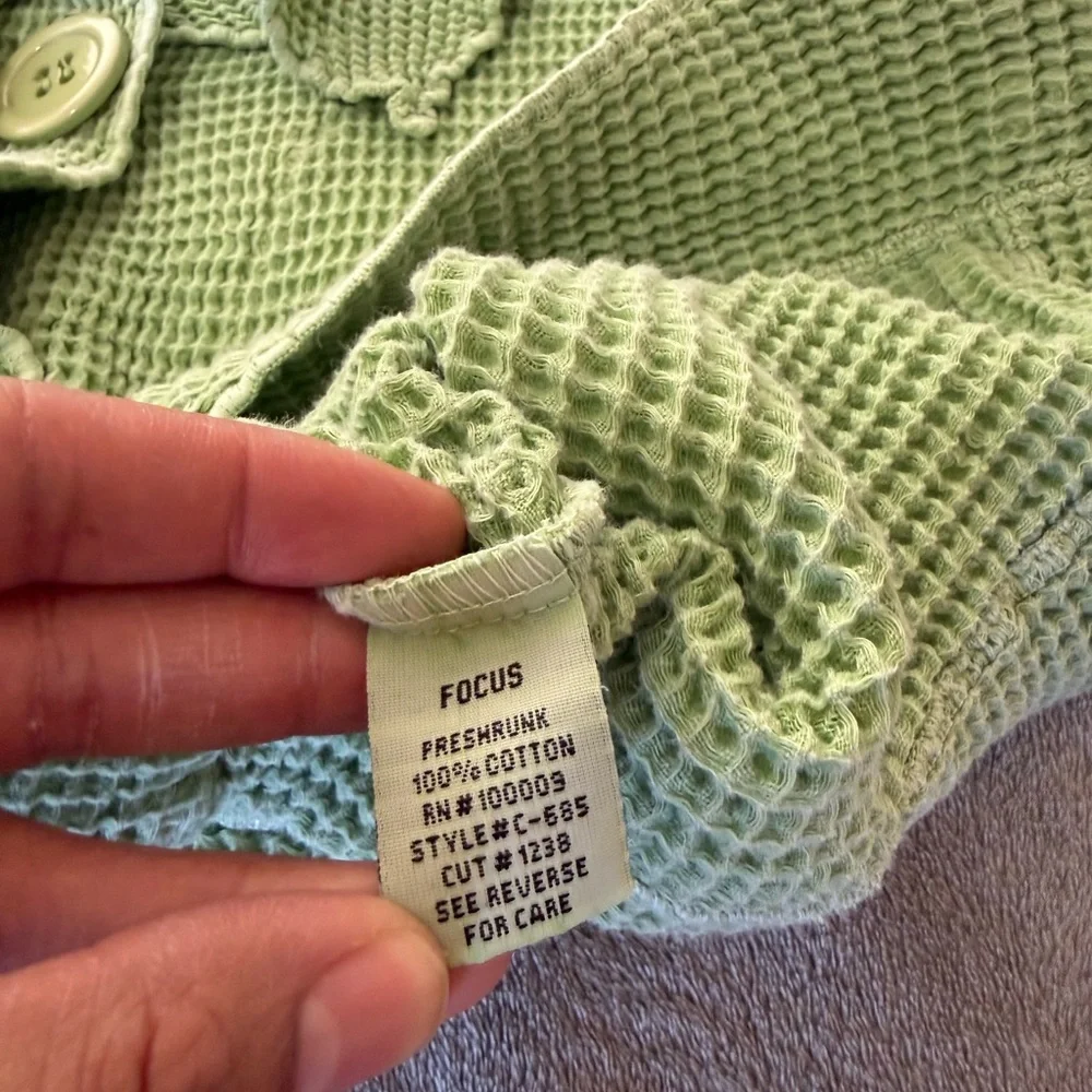 FOCUS Waffle Knit Button Jacket Pistachio Green Size L 100% Cotton Textured - Picture 9 of 11